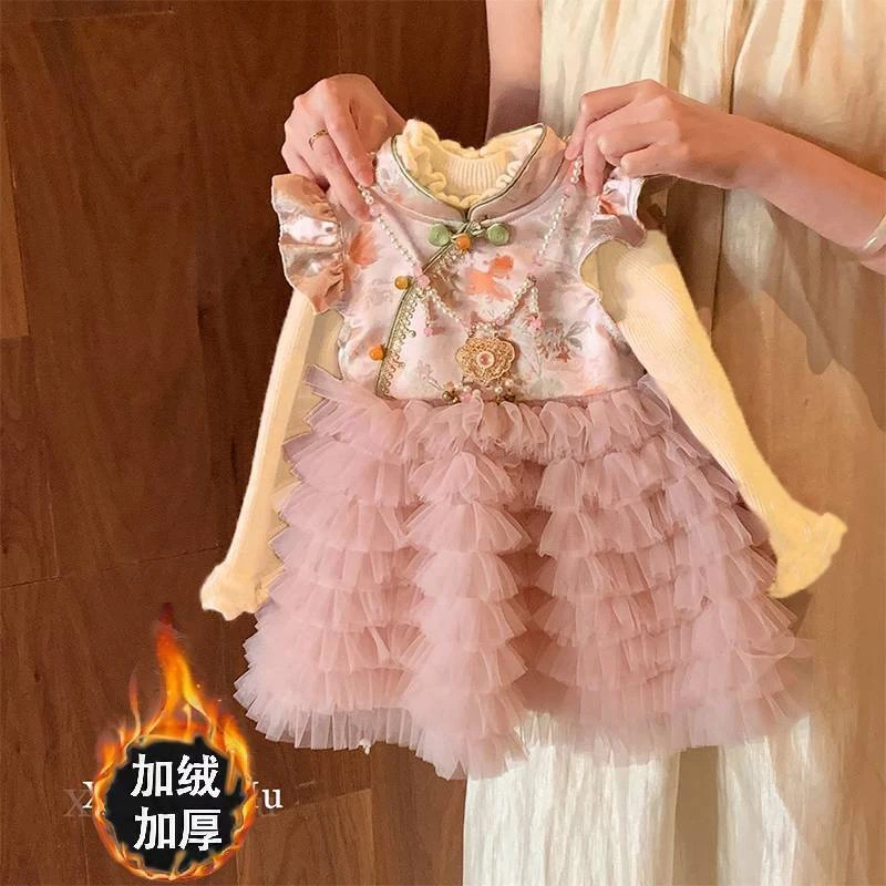 套装女童旗袍裙裙子小童女风公主裙厚款千金纯色常规款秋冬加厚