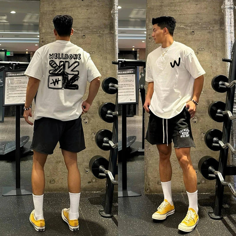 【重磅纯棉】男士短袖T恤运动宽松潮流ins五分上衣印花圆领街头