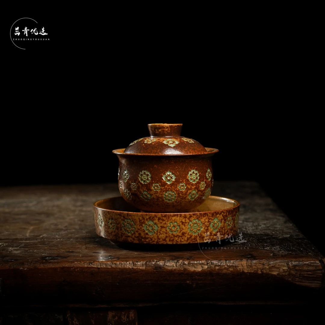 龙泉复古陶瓷宝相花元宝三才盖碗中式纯手工青瓷盖碗全手工泡茶器