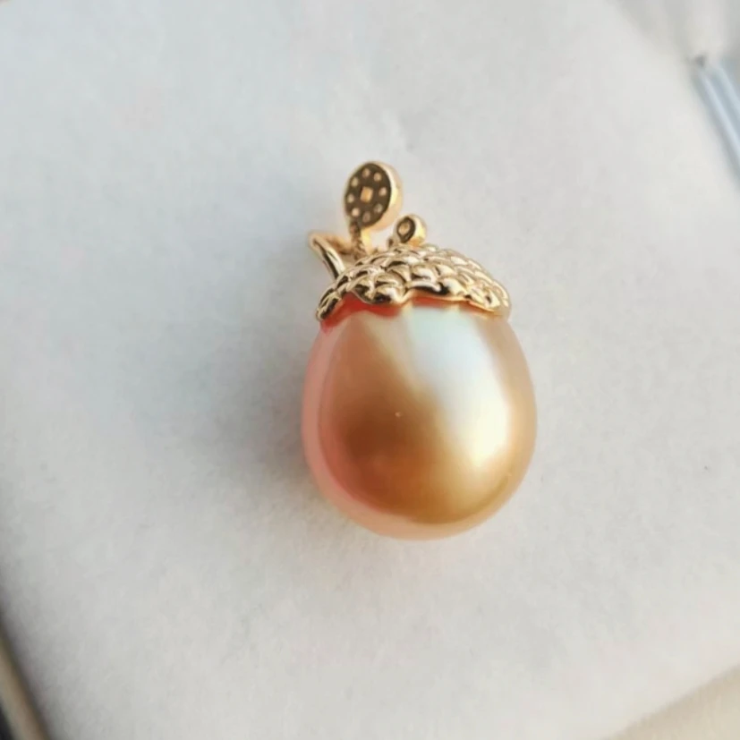 14-15mm天然海水金珍珠南洋金珠吊坠s925银镶嵌扣头近圆强光