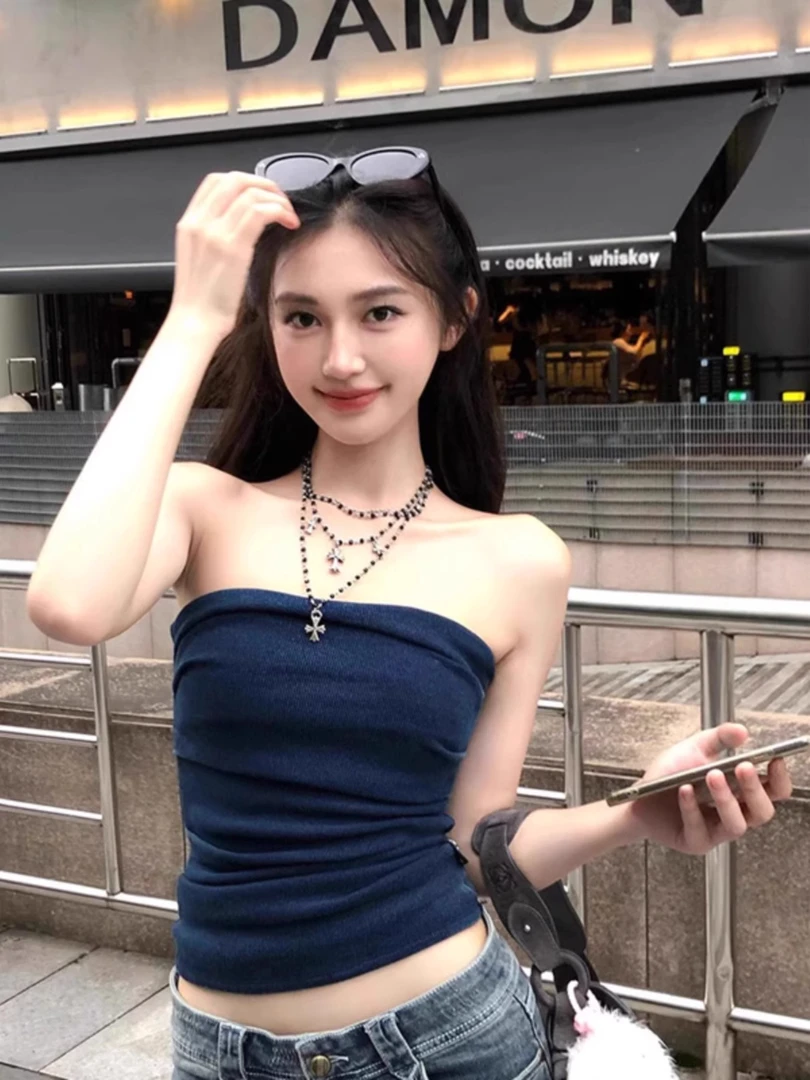 美式辣妹藏青色无袖背心吊带女内搭纯欲性感抹胸夏季外穿打底上衣