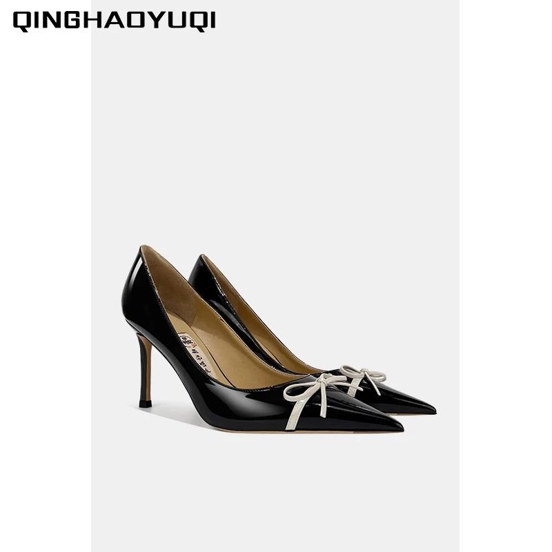 黑色蝴蝶结绝美高跟鞋女2025新款秋季气质百搭性感尖头浅口单鞋女