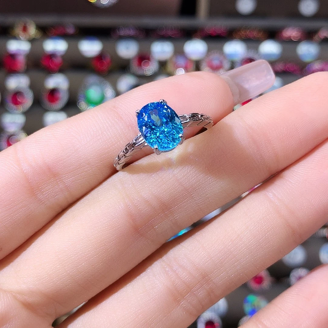 银S925镶嵌戒圈海蓝宝石白79鸟巢切