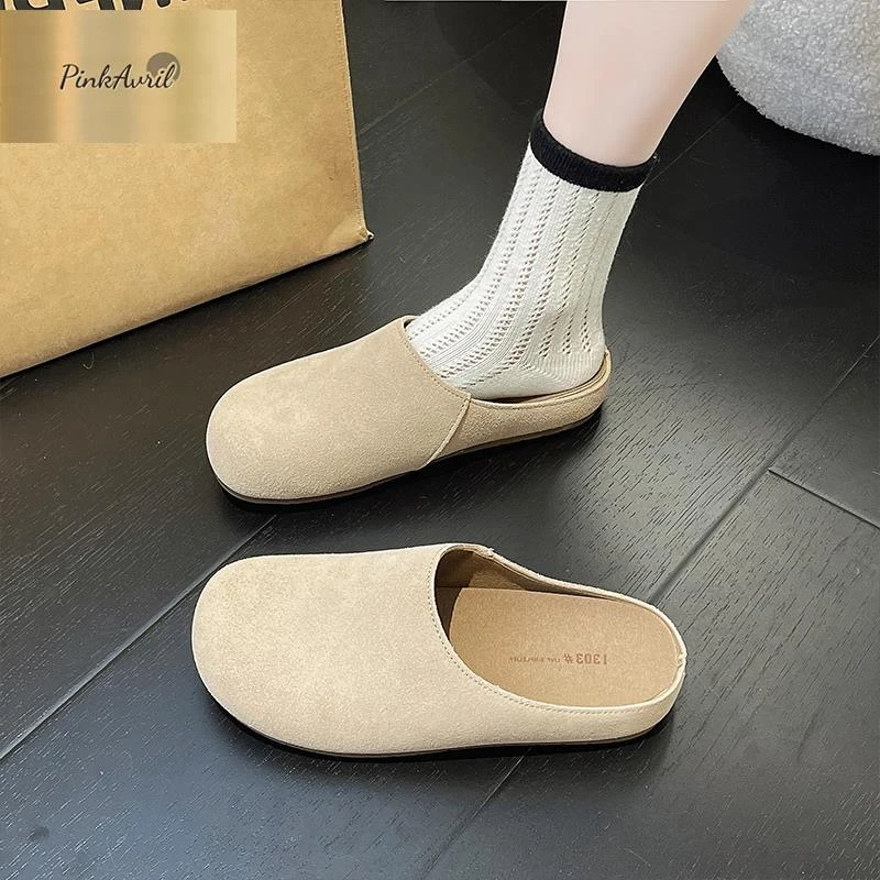 PinkAvril法式平底复古晚晚包头勃肯半拖鞋春秋软底孕妇一脚蹬棕