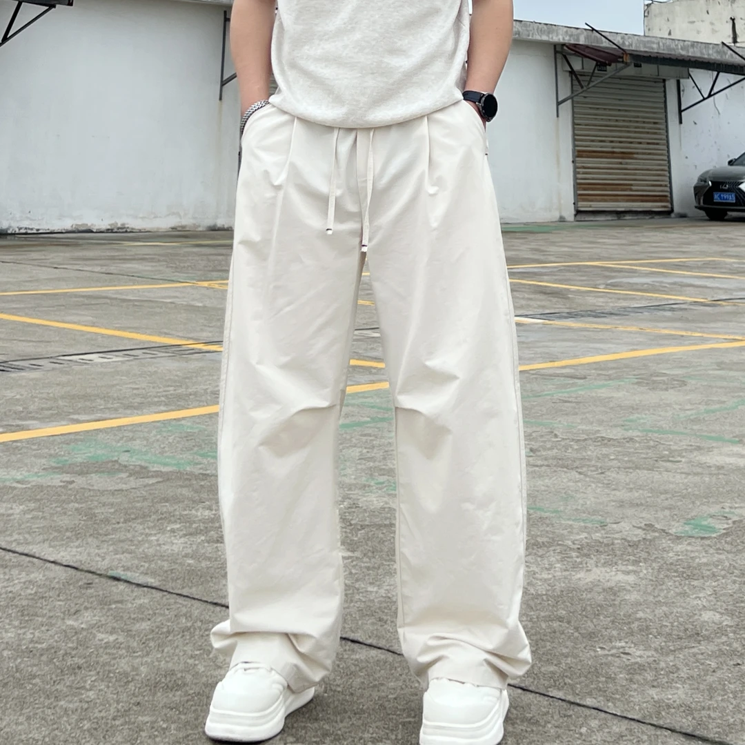 2025夏季新款美式阔腿弯刀裤男日系宽松百搭松紧腰纯色大码休闲裤