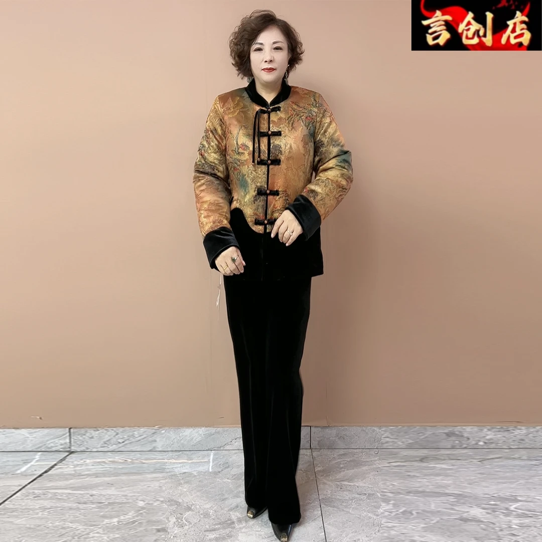 8095冬季加棉唐装外套加绒裤子妈妈装宽松时髦显瘦盘扣两件套75