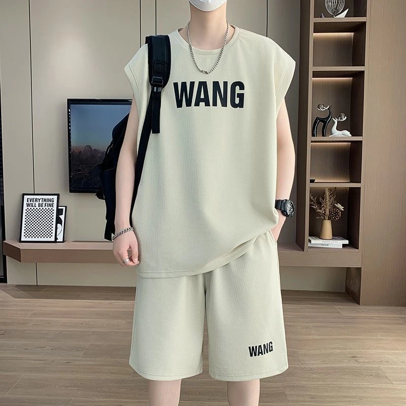 休闲背心套装男士冰丝无袖t恤夏季华夫格跑步青少年运动短裤潮流