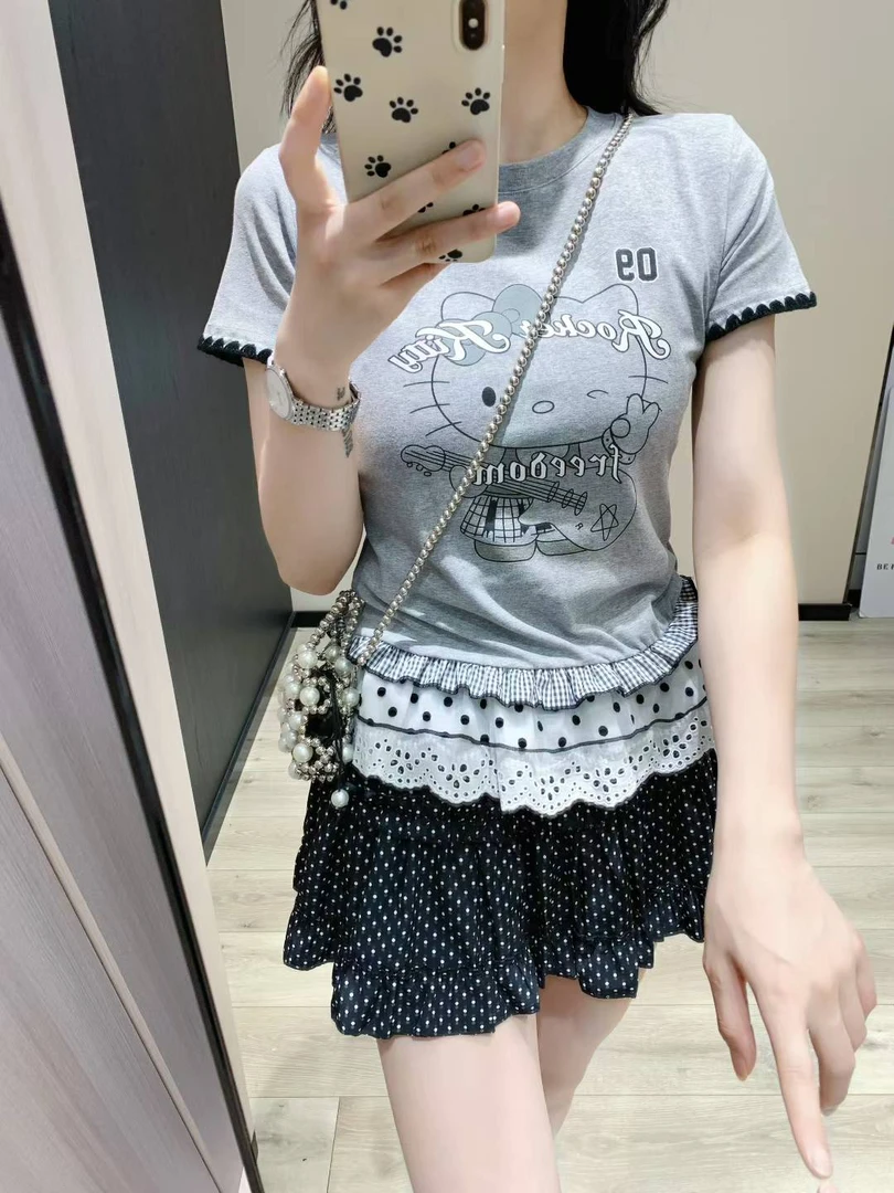 千金风蕾丝印花短袖拼接圆领休闲短款针织T恤重工百搭夏季显瘦
