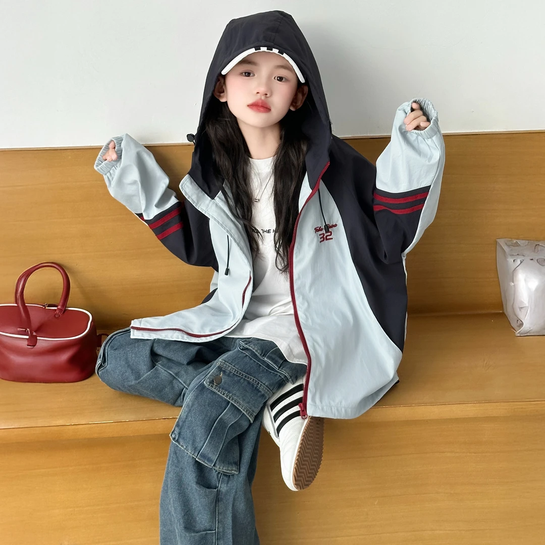 女童秋季新款潮流拉条防水风衣高品质冲锋衣女童风衣6-12岁潮
