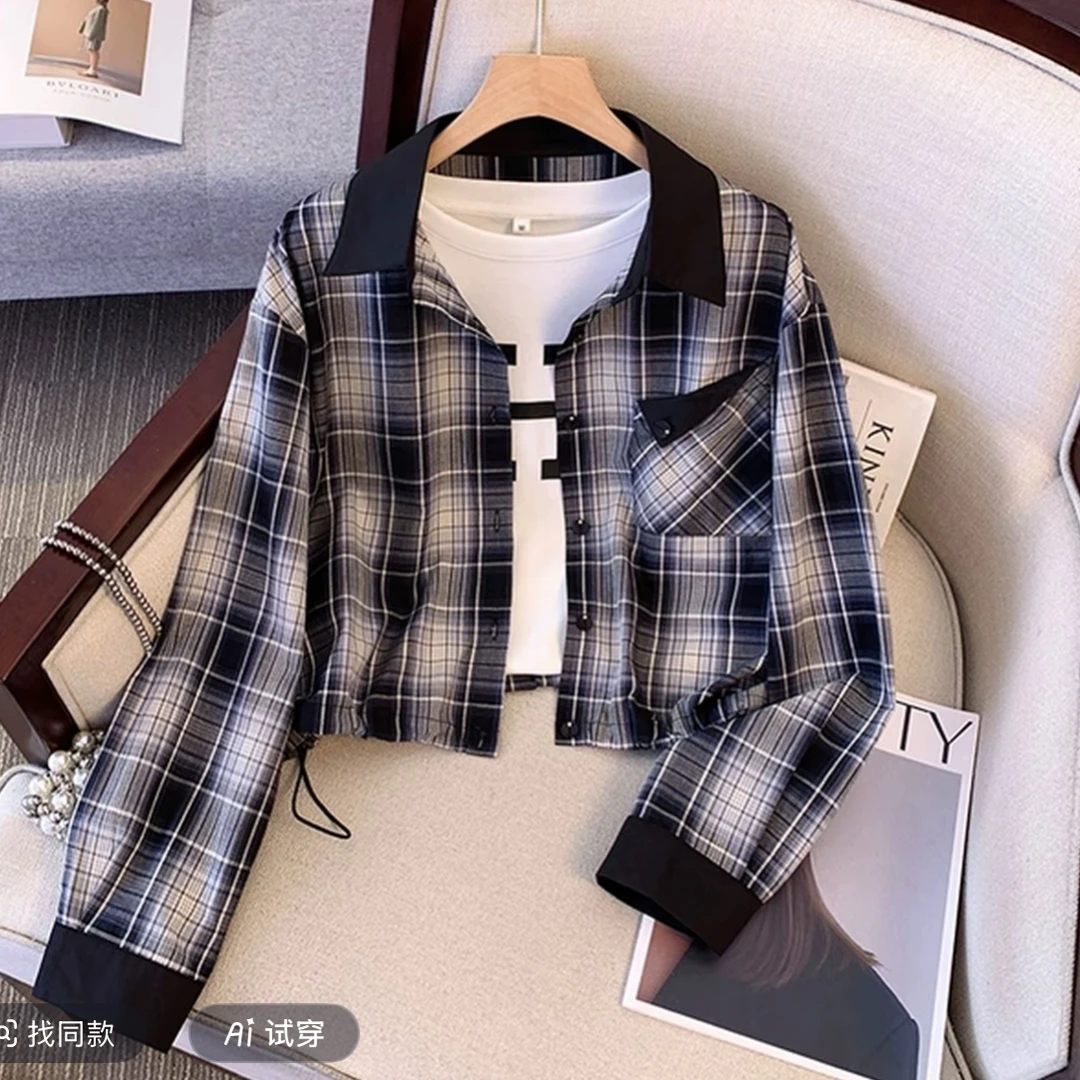 28806#格子衬衫女短款秋季新款薄款下摆抽绳夹克小外套（衣长51）