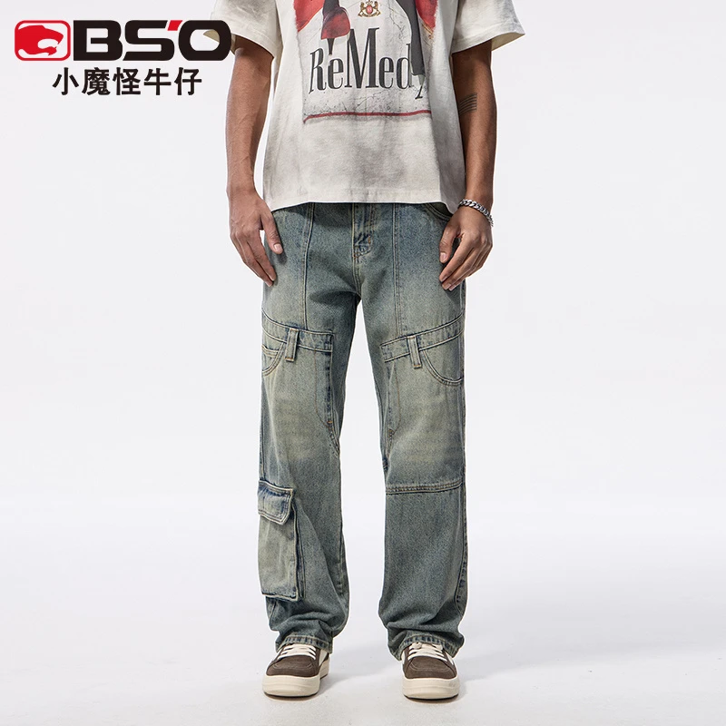 小魔怪2025春季新款美式复古潮牌高街宽松直筒拼接牛仔裤男生长裤