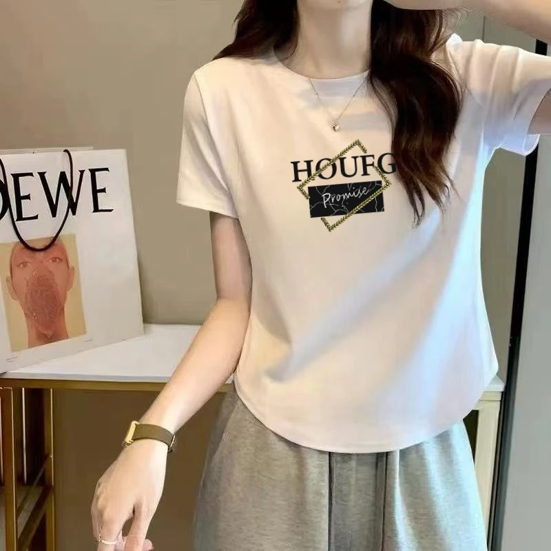 2025夏季爆款纯棉短袖t恤女新款韩版修身显瘦弧形下摆短款上衣潮