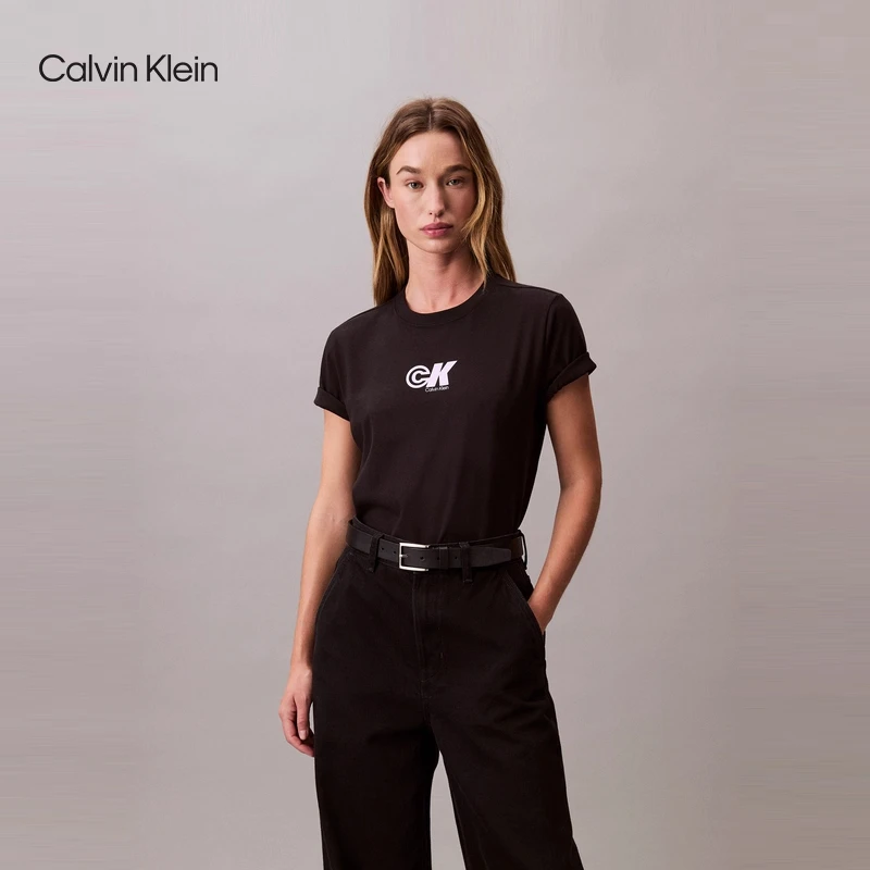 CK Jeans25早秋新款女士休闲通勤简约印花纯棉修身短袖T恤
