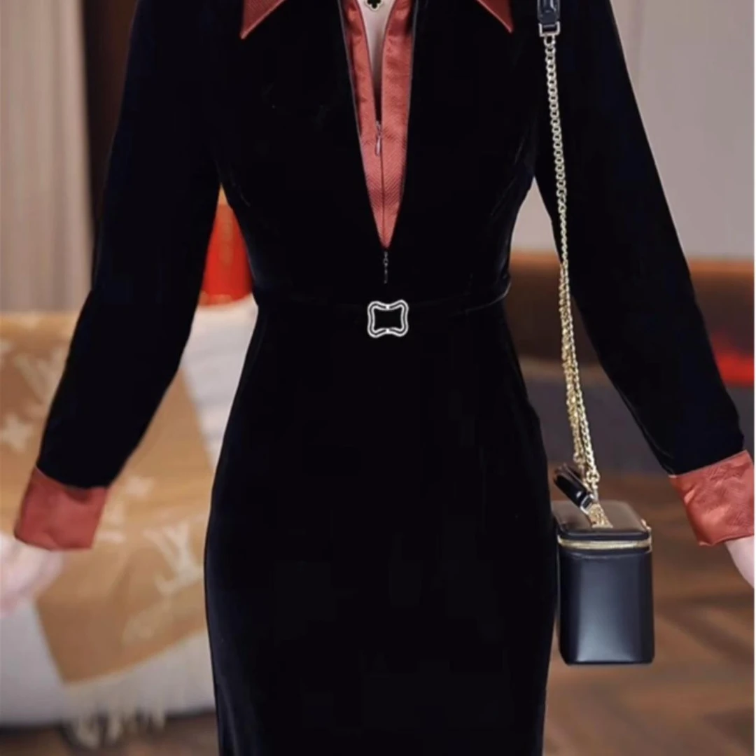 高档加厚莫斯卡丹绒连衣裙女春季2025新款轻奢时尚假两件礼服裙子