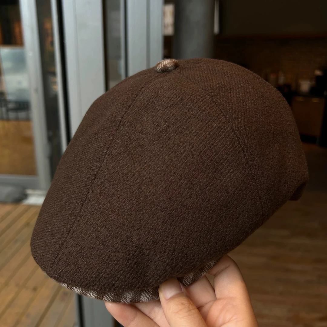 2025新款复古棕色格纹前进帽子女款大头围显脸小报童帽百搭贝雷帽