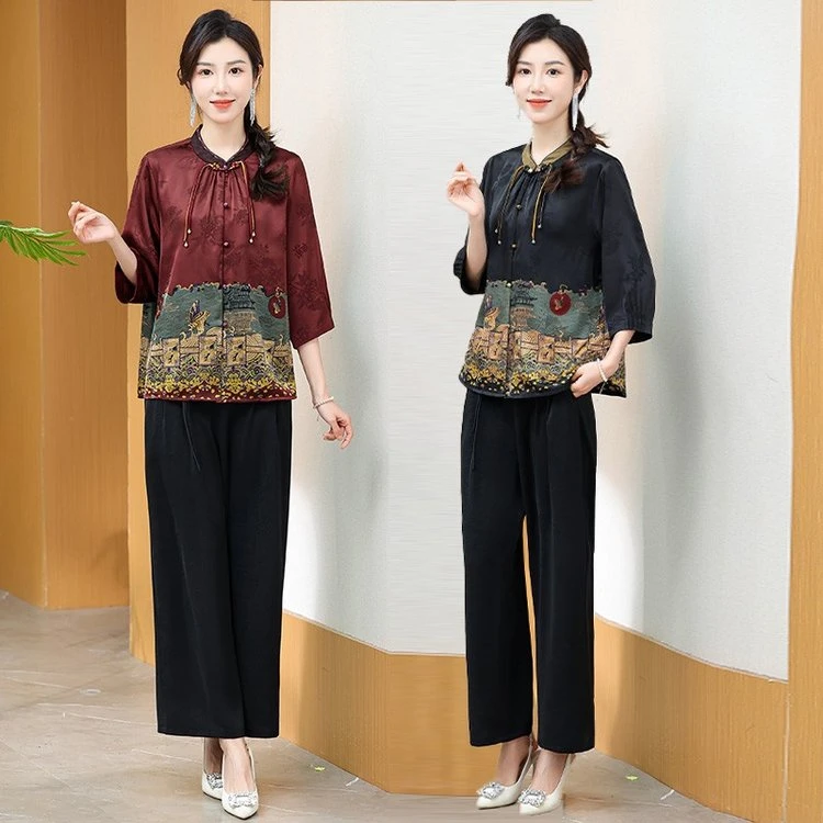 中老年夏装衬衫女款妈妈七分袖宽松国风老人奶奶太太夏季高端薄款