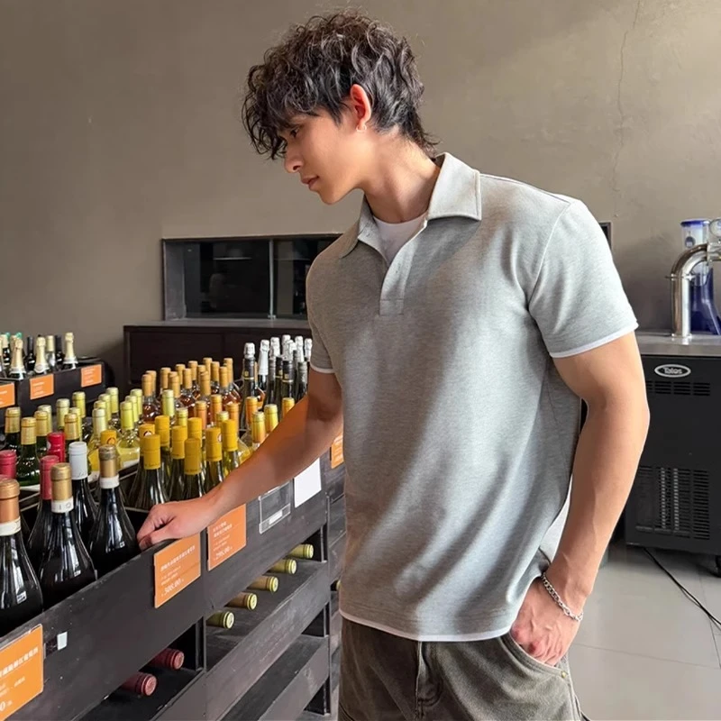 灰色海鸥领POLO衫短袖男款痞帅高级感健身运动收袖口短款正肩T恤