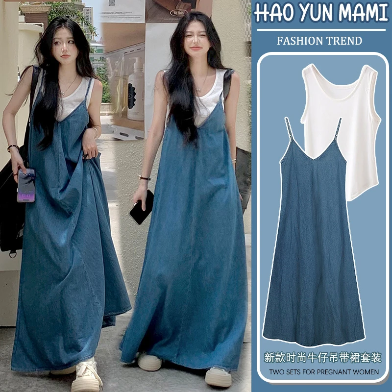 大码宽松孕妇装女夏季新款百搭背心法式高级感时尚牛仔吊带连衣裙