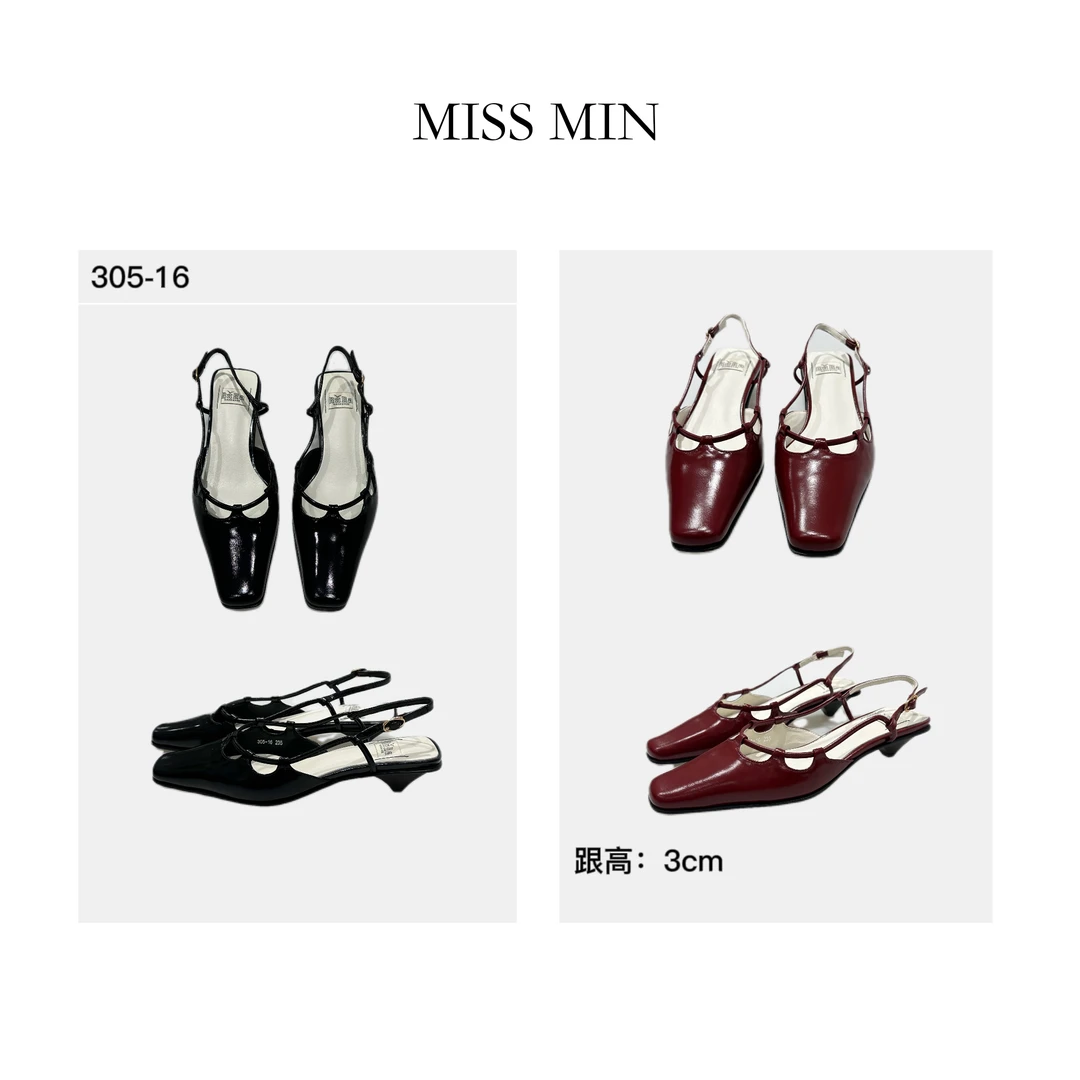 MISS MIN  305-16 法式低跟牛皮包头凉鞋女鞋子2025年春后空单鞋