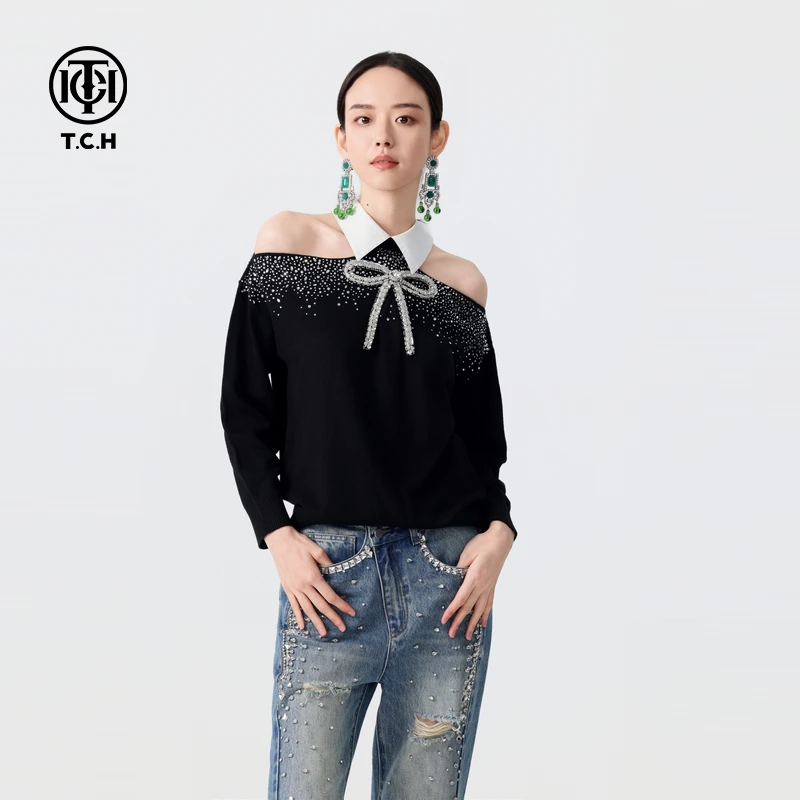 TCH学院风羊25秋冬新款潮牌设计感复古露肩毛针织衫女T72C098025