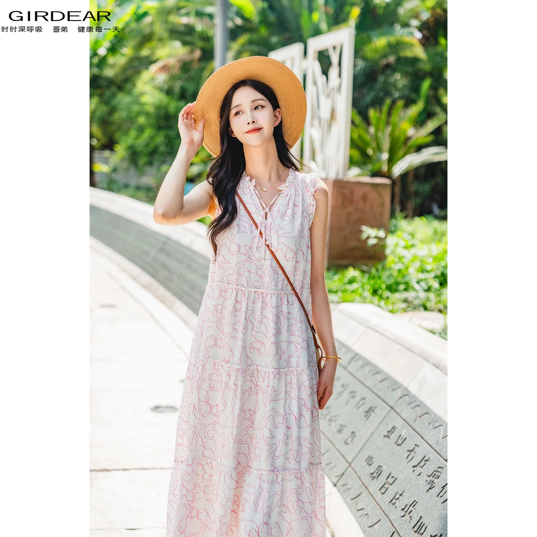 GIRDEAR/哥弟夏季新款质感时尚百搭美人鱼印花无袖连衣裙1500497