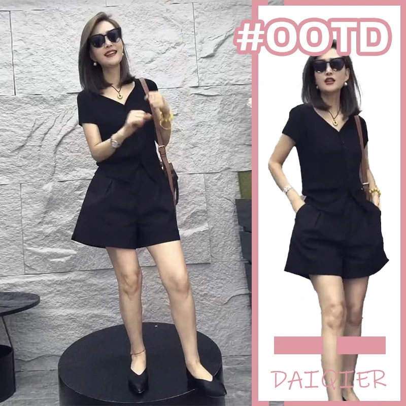 2025夏季新款小个子气质显瘦遮肉上衣休闲短裤女盐系轻熟两件套潮