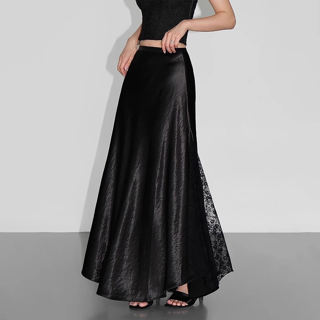 大码梨形身材蕾丝拼接高腰显瘦鱼尾裙女夏季薄款高级感缎面半身裙