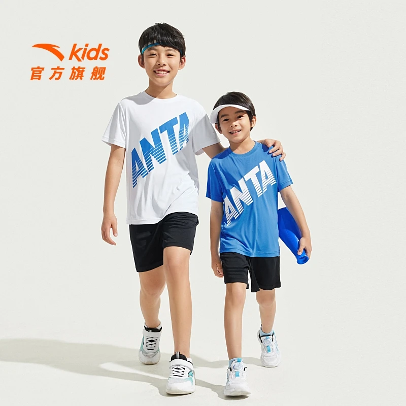 安踏儿童男童针织运动套2025夏季新款舒适亲肤青少年短袖短裤套装