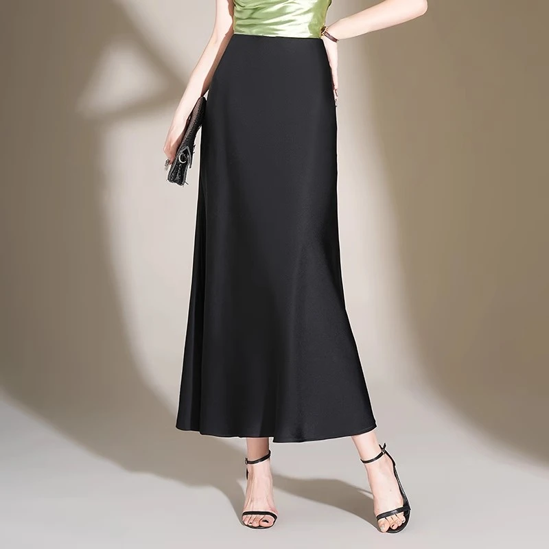 1794黑色夏季缎面垂感半身裙薄款显瘦气质潮流百搭中长裙