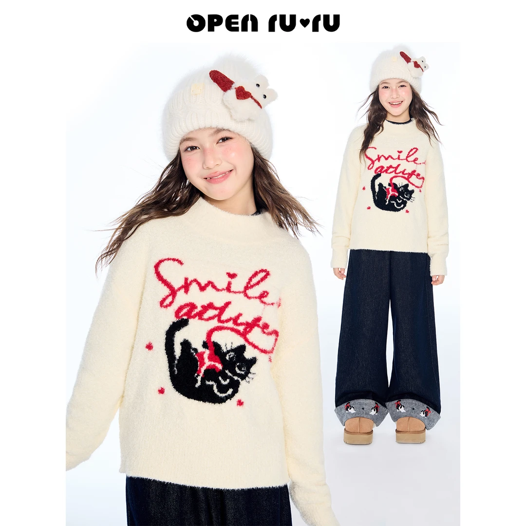 Opennunu女童新年猫咪字母提花绒感毛衣中大童亲肤保暖针织衫上衣