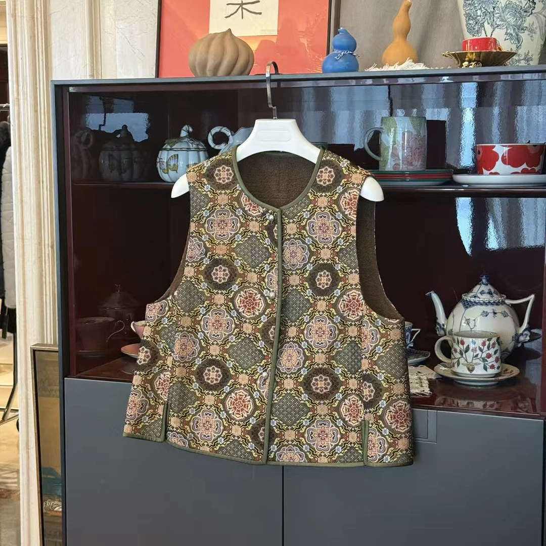 MYL 2025秋冬新款桑蚕丝织金宋锦(宝相花纹锦)马夹刺绣厚中式马甲