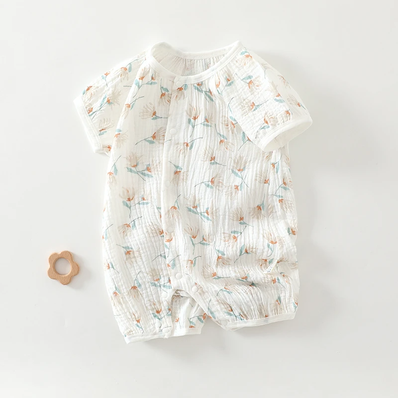 婴儿夏季衣服薄款a类抗菌纯棉纱布宝宝短袖连体衣爬服