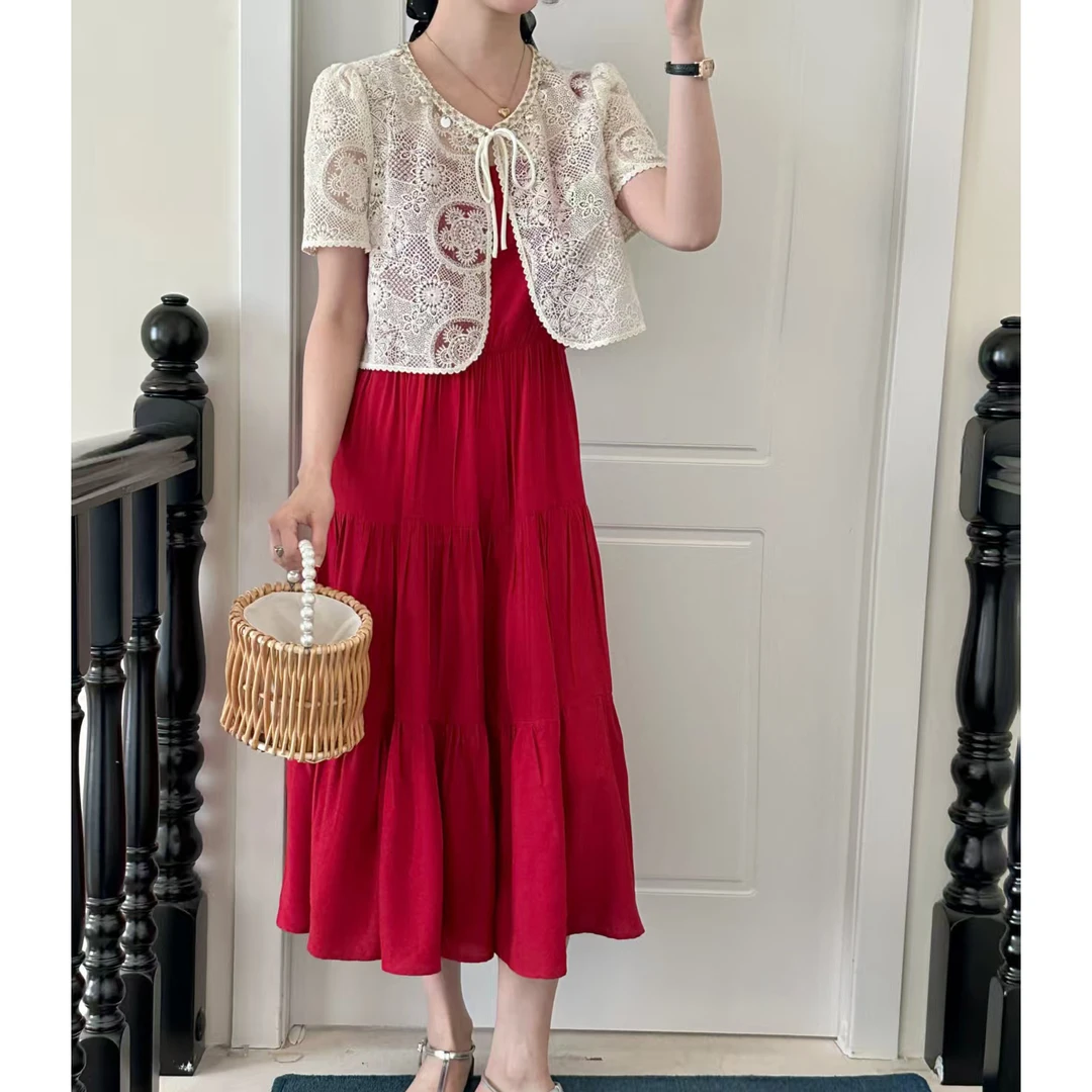 无印心匠D21700-1夏季新款洋气减龄蕾丝披肩搭配吊带裙套装 K728