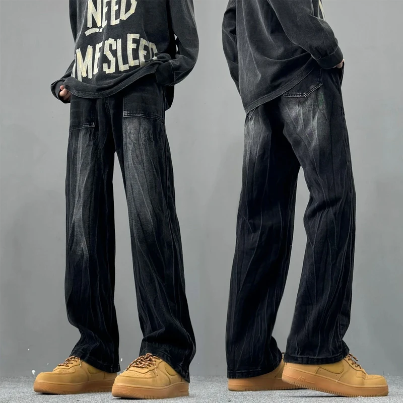 闪电纹黑色牛仔裤男款夏季高级感痞帅炸街裤子美式复古直筒阔腿裤