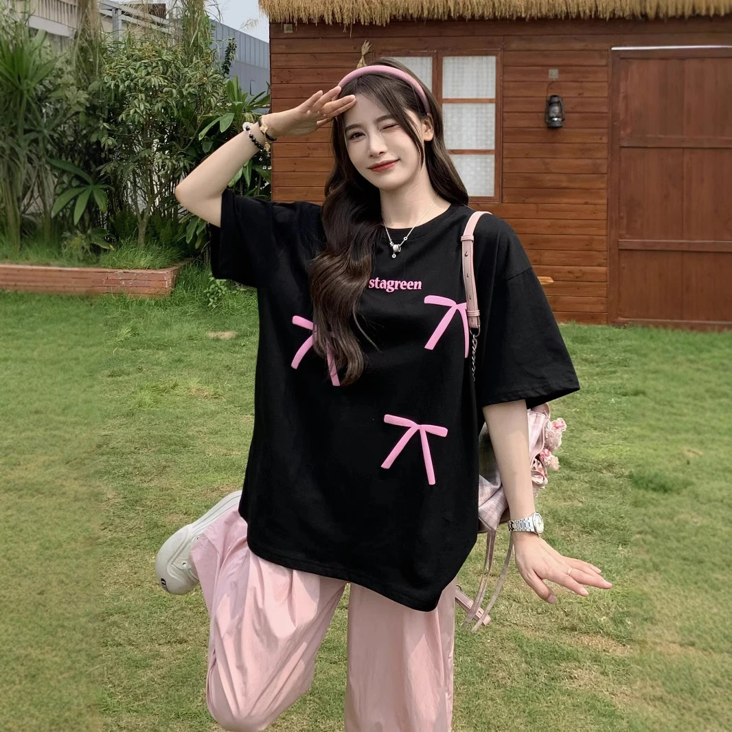 ins韩版棉质宽松大码修身显瘦结字母印花短袖T恤女上衣潮