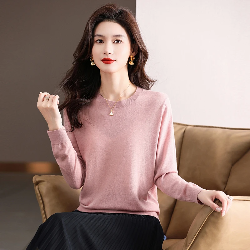 美丽诺超细丝光纯羊毛打底衫圆领针织上衣内搭薄款纯色毛衣女秋冬