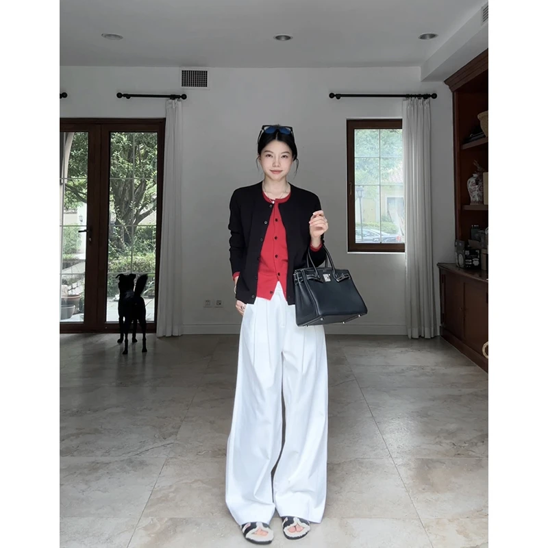 郭九九呢 气质显瘦假两件撞色针织开衫简约百搭阔腿裤 G925Z13925