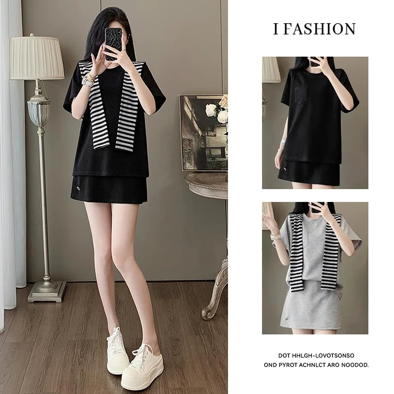 高级感韩系学院风套装女2025夏季新款时尚百搭短袖t恤裤裙两件套