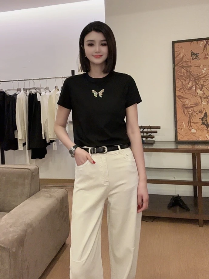 【ROMDENSE】【小蛮腰】2025春季新款蝴蝶钉珠刺绣百搭桑蚕丝T恤