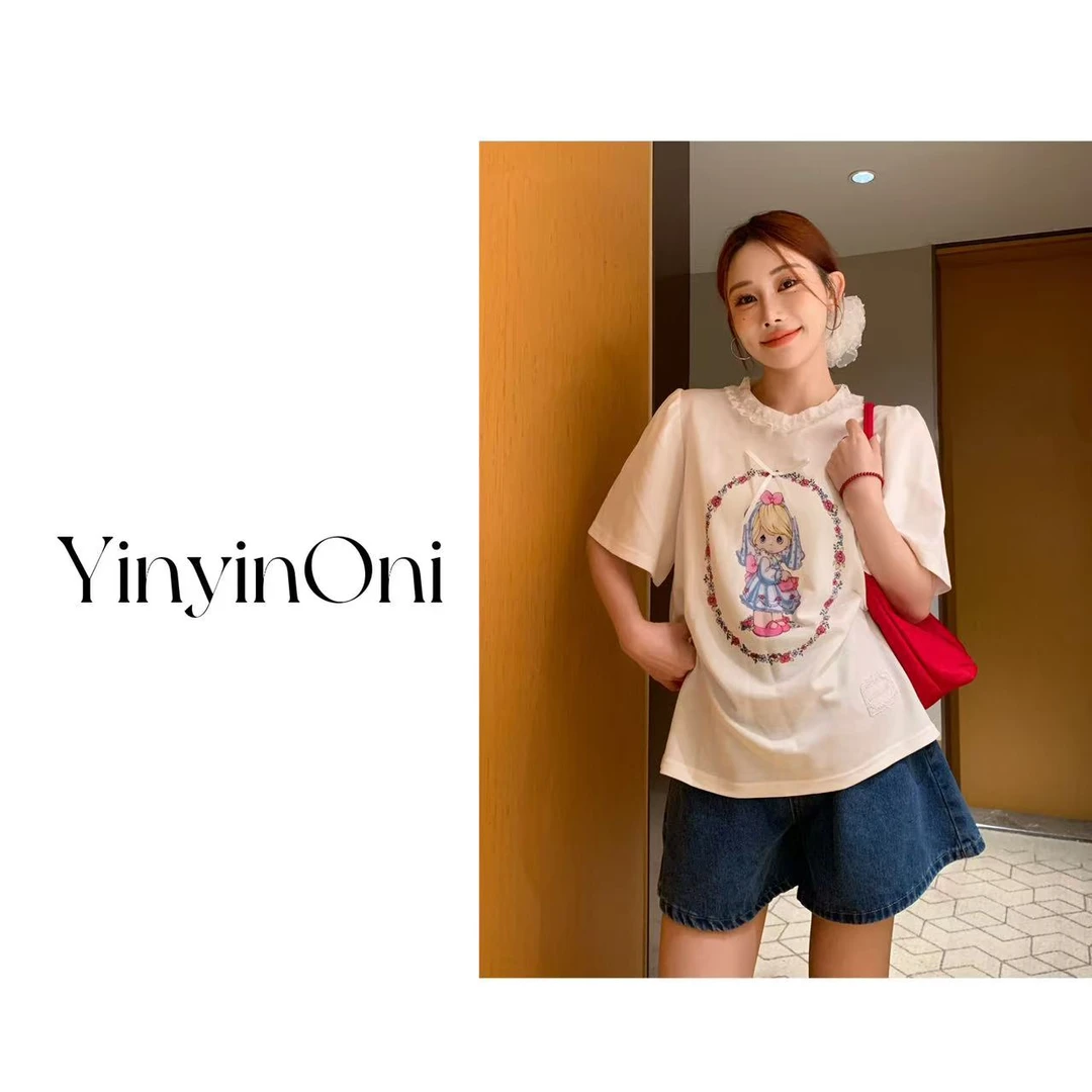 茵茵欧尼（小女孩）蕾丝印花蝴蝶结泡泡袖T恤 韩版夏季减龄上衣女