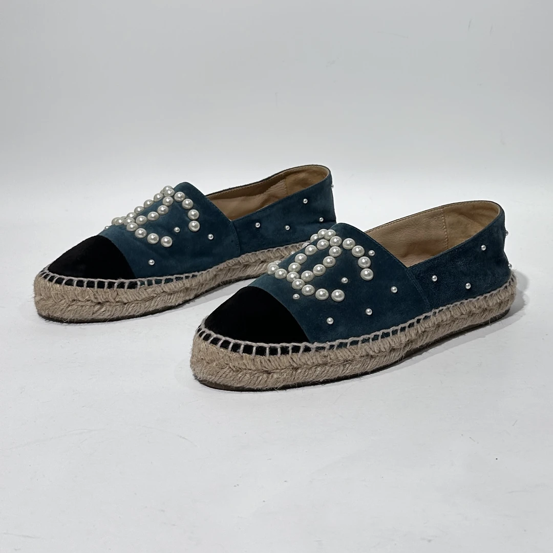 95新 Chanel/香奈儿 36码 黑绿时尚珍珠渔夫鞋/ML80502