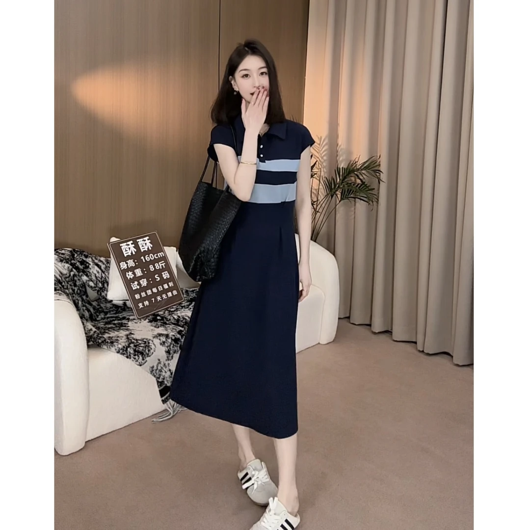 撞色拼接收腰显瘦POLO领连衣裙2025夏新款设计感复古连衣裙