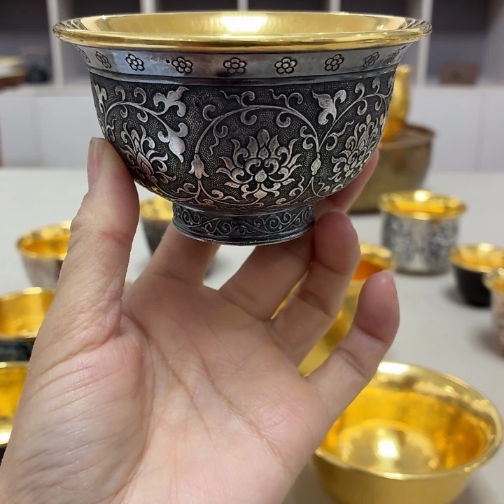 李小鹤金包银足金999缠枝莲压手杯130毫升