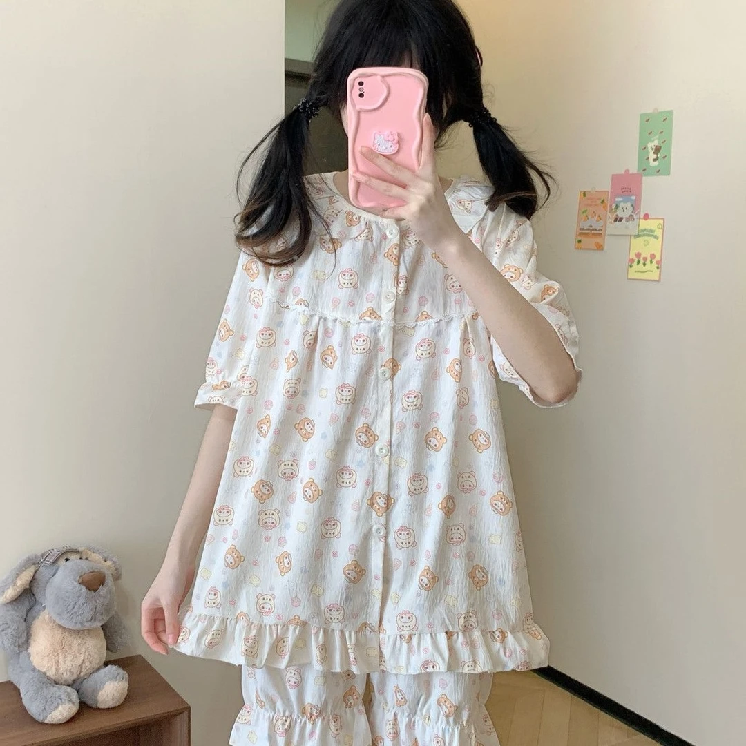 草莓轻松小熊睡衣女夏季新款花边套头短袖可爱学生居家服套装外穿