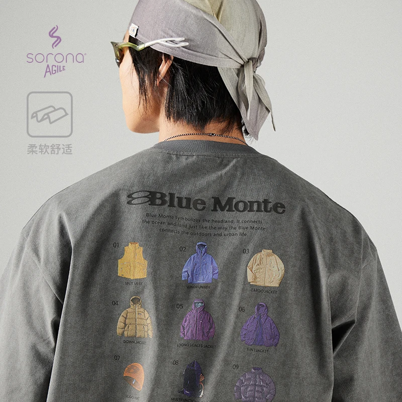 NothommeBLUE蓝岐图鉴印花复古腊洗T恤女SORONA圆领五分短袖男夏