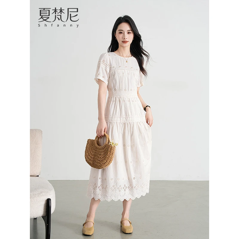 夏梵尼花房少女法式镂空重工刺绣连衣裙显瘦气质白色夏季网红爆款