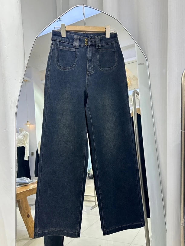 5098高腰宽松显瘦牛仔裤女复古加绒加厚冬季百搭