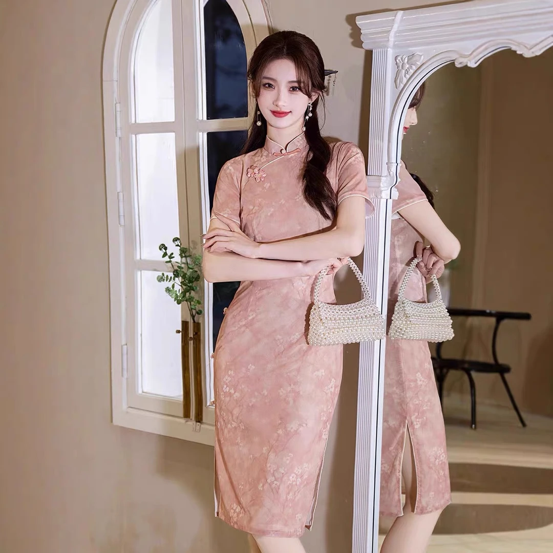 2025夏季新款旗袍气质粉色日常修身显瘦小个子中长款复古中国风