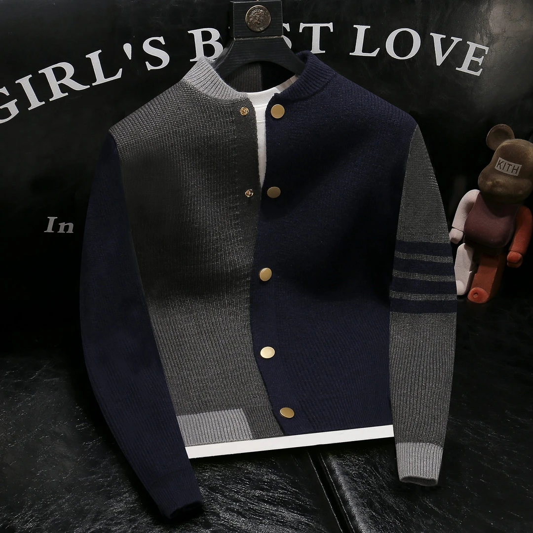 约蒂宾弗秋季显瘦纯色格子拼接袖子针织衫男休闲简约毛衣开衫外套