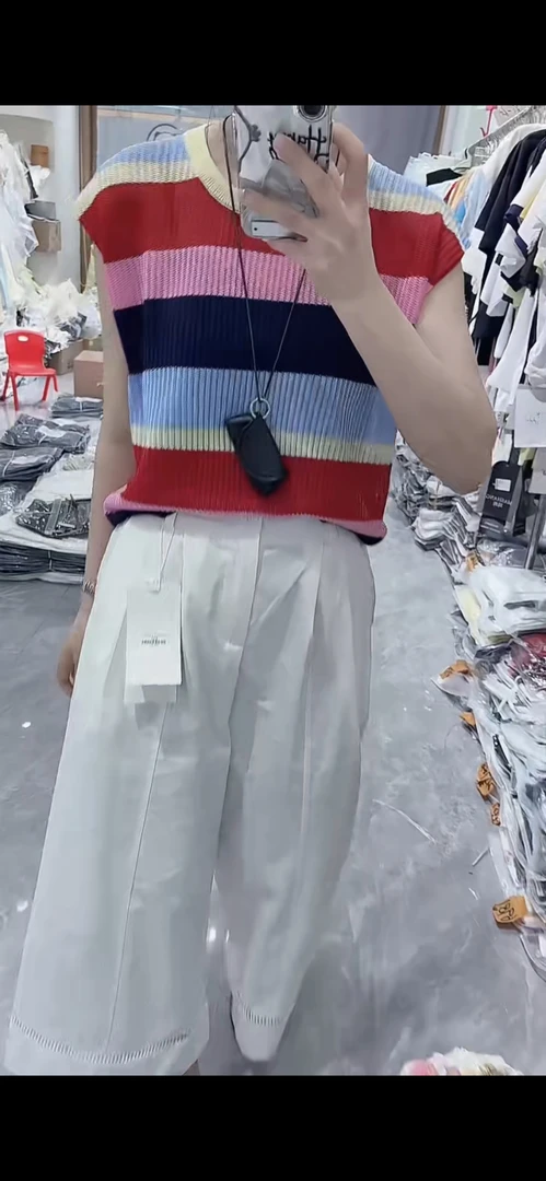 夏季圆领百搭毛针织衫针织衫可水洗彩虹纯欲风条纹